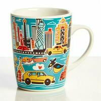 A mug with a doodle hand drawn new york or summer design on it. Mug mockup and hand drawn doodle concept by AI Generated photo