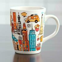 A mug with a doodle hand drawn new york or summer design on it. Mug mockup and hand drawn doodle concept by AI Generated photo