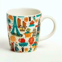 A mug with a doodle hand drawn new york or summer design on it. Mug mockup and hand drawn doodle concept by AI Generated photo