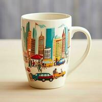 A mug with a doodle hand drawn new york or summer design on it. Mug mockup and hand drawn doodle concept by AI Generated photo