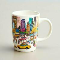 A mug with a doodle hand drawn new york or summer design on it. Mug mockup and hand drawn doodle concept by AI Generated photo