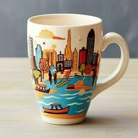A mug with a doodle hand drawn new york or summer design on it. Mug mockup and hand drawn doodle concept by AI Generated photo