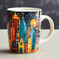 A mug with a doodle hand drawn new york or summer design on it. Mug mockup and hand drawn doodle concept by AI Generated photo