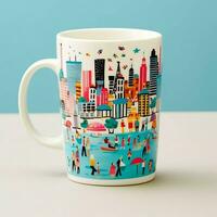 A mug with a doodle hand drawn new york or summer design on it. Mug mockup and hand drawn doodle concept by AI Generated photo