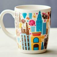 A mug with a doodle hand drawn new york or summer design on it. Mug mockup and hand drawn doodle concept by AI Generated photo