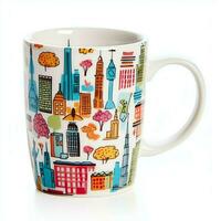 A mug with a doodle hand drawn new york or summer design on it. Mug mockup and hand drawn doodle concept by AI Generated photo