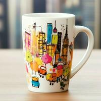 A mug with a doodle hand drawn new york or summer design on it. Mug mockup and hand drawn doodle concept by AI Generated photo