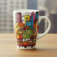 A mug with a doodle hand drawn new york or summer design on it. Mug mockup and hand drawn doodle concept by AI Generated photo