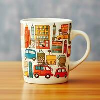 A mug with a doodle hand drawn new york or summer design on it. Mug mockup and hand drawn doodle concept by AI Generated photo