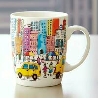 A mug with a doodle hand drawn new york or summer design on it. Mug mockup and hand drawn doodle concept by AI Generated photo