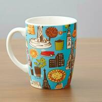 A mug with a doodle hand drawn new york or summer design on it. Mug mockup and hand drawn doodle concept by AI Generated photo