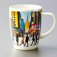 A mug with a doodle hand drawn new york or summer design on it. Mug mockup and hand drawn doodle concept by AI Generated photo