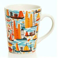 A mug with a doodle hand drawn new york or summer design on it. Mug mockup and hand drawn doodle concept by AI Generated photo