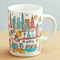 A mug with a doodle hand drawn new york or summer design on it. Mug mockup and hand drawn doodle concept by AI Generated photo