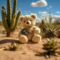 Teddy Bear next to a cactus dessert, Generative ai photo