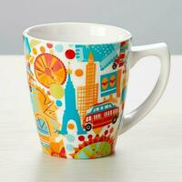 A mug with a doodle hand drawn new york or summer design on it. Mug mockup and hand drawn doodle concept by AI Generated photo