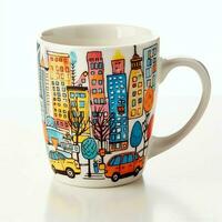 A mug with a doodle hand drawn new york or summer design on it. Mug mockup and hand drawn doodle concept by AI Generated photo