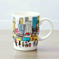 A mug with a doodle hand drawn new york or summer design on it. Mug mockup and hand drawn doodle concept by AI Generated photo