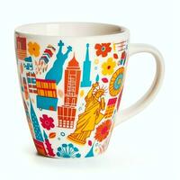 A mug with a doodle hand drawn new york or summer design on it. Mug mockup and hand drawn doodle concept by AI Generated photo