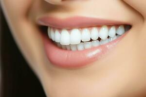 Perfecto sano dientes sonrisa de un joven mujer a un dentista. dientes blanqueo. dental cuidado, estomatología concepto por ai generado foto