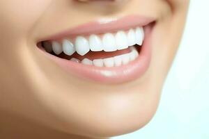 Perfect healthy teeth smile of a young woman at a dentist. Teeth whitening. Dental care, stomatology concept by AI Generated photo