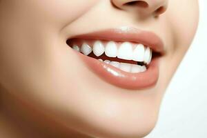 Perfect healthy teeth smile of a young woman at a dentist. Teeth whitening. Dental care, stomatology concept by AI Generated photo