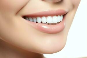 Perfect healthy teeth smile of a young woman at a dentist. Teeth whitening. Dental care, stomatology concept by AI Generated photo