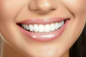 Perfect healthy teeth smile of a young woman at a dentist. Teeth whitening. Dental care, stomatology concept by AI Generated photo