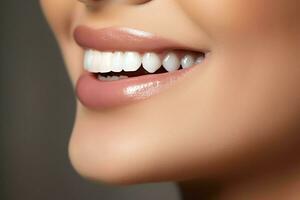 Perfecto sano dientes sonrisa de un joven mujer a un dentista. dientes blanqueo. dental cuidado, estomatología concepto por ai generado foto