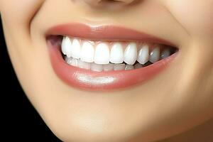 Perfecto sano dientes sonrisa de un joven mujer a un dentista. dientes blanqueo. dental cuidado, estomatología concepto por ai generado foto
