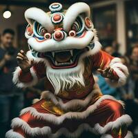 Dragon or lion dance show barongsai in celebration chinese lunar new year festival. Asian traditional concept by AI Generated photo