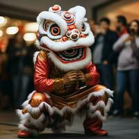 Dragon or lion dance show barongsai in celebration chinese lunar new year festival. Asian traditional concept by AI Generated photo