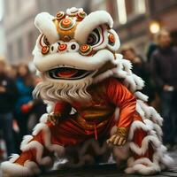 continuar o león danza espectáculo barongsai en celebracion chino lunar nuevo año festival. asiático tradicional concepto por ai generado foto