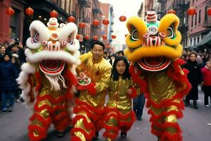 continuar o león danza espectáculo barongsai en celebracion chino lunar nuevo año festival. asiático tradicional concepto por ai generado foto