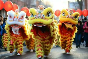 continuar o león danza espectáculo barongsai en celebracion chino lunar nuevo año festival. asiático tradicional concepto por ai generado foto