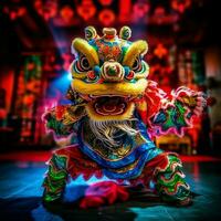 continuar o león danza espectáculo barongsai en celebracion chino lunar nuevo año festival. asiático tradicional concepto por ai generado foto