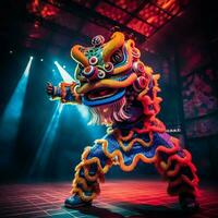 Dragon or lion dance show barongsai in celebration chinese lunar new year festival. Asian traditional concept by AI Generated photo