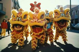 continuar o león danza espectáculo barongsai en celebracion chino lunar nuevo año festival. asiático tradicional concepto por ai generado foto