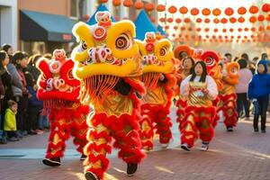 Dragon or lion dance show barongsai in celebration chinese lunar new year festival. Asian traditional concept by AI Generated photo