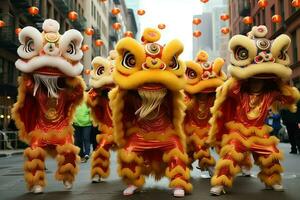 continuar o león danza espectáculo barongsai en celebracion chino lunar nuevo año festival. asiático tradicional concepto por ai generado foto