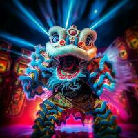 Dragon or lion dance show barongsai in celebration chinese lunar new year festival. Asian traditional concept by AI Generated photo