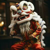 continuar o león danza espectáculo barongsai en celebracion chino lunar nuevo año festival. asiático tradicional concepto por ai generado foto