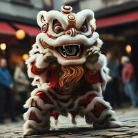 continuar o león danza espectáculo barongsai en celebracion chino lunar nuevo año festival. asiático tradicional concepto por ai generado foto