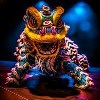 Dragon or lion dance show barongsai in celebration chinese lunar new year festival. Asian traditional concept by AI Generated photo