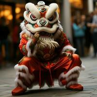 continuar o león danza espectáculo barongsai en celebracion chino lunar nuevo año festival. asiático tradicional concepto por ai generado foto