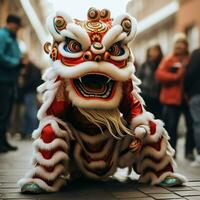 continuar o león danza espectáculo barongsai en celebracion chino lunar nuevo año festival. asiático tradicional concepto por ai generado foto