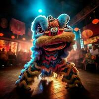 Dragon or lion dance show barongsai in celebration chinese lunar new year festival. Asian traditional concept by AI Generated photo