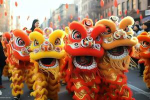 continuar o león danza espectáculo barongsai en celebracion chino lunar nuevo año festival. asiático tradicional concepto por ai generado foto