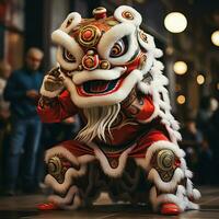 Dragon or lion dance show barongsai in celebration chinese lunar new year festival. Asian traditional concept by AI Generated photo