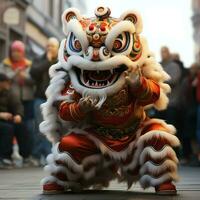 continuar o león danza espectáculo barongsai en celebracion chino lunar nuevo año festival. asiático tradicional concepto por ai generado foto